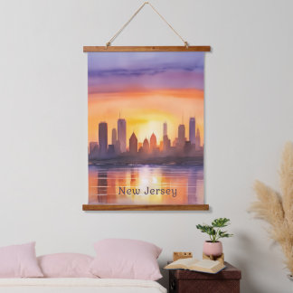 Tapiz Con Marco De Madera Vibrante New Jersey Watercolor Sunset Art