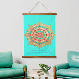 Tapiz Con Marco De Madera Vibrante Oro Turquesa Azul y Coral Aum Mandala