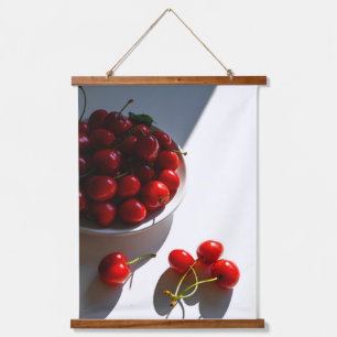 Tapiz Con Marco De Madera Vida estética con cerezas maduras en blanco