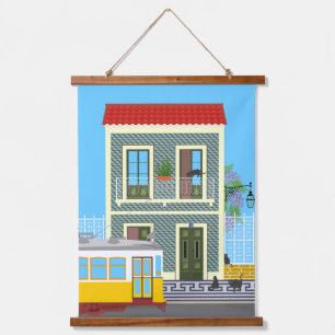 Tapiz Con Marco De Madera Vieja casa de Lisboa con gatos y tranvía amarillo