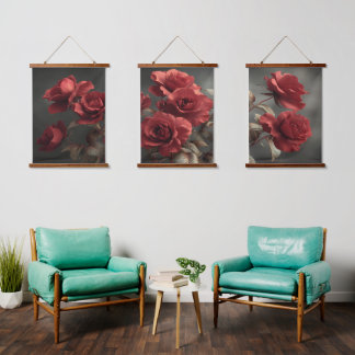 Tapiz Con Marco De Madera Vintage Crimson Roses Triptych - Moody Botanical
