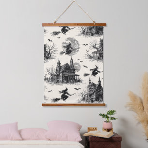 Tapiz Con Marco De Madera Vintage Haunted House y Witch Toile Pattern (2)