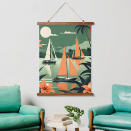 Tapiz Con Marco De Madera Vintage Tropical Beach and Sailboat Retro