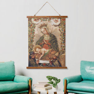 Tapiz Con Marco De Madera Virgen de la Escuela Cuzqueña Antigua Adorando al 