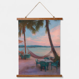 Tapiz Con Marco De Madera Vista de hamaca al atardecer Arte de playa tropica