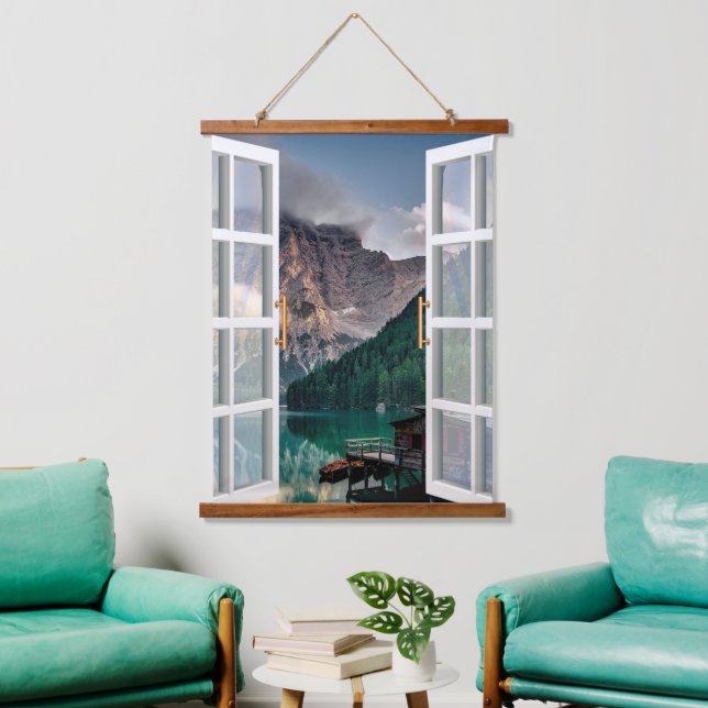 Tapiz Con Marco De Madera Vista de la Casa del Lago Rústico (Sala de estar)