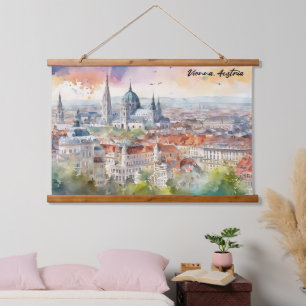 Tapiz Con Marco De Madera Vista panorámica de pintura en acuarela de Viena A