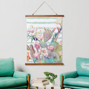 Tapiz Con Marco De Madera Watercolor Cactus Floral Stripes Design