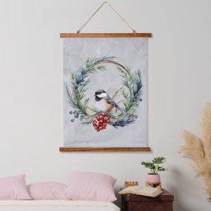 Tapiz Con Marco De Madera Watercolor Cute Chickadee Navidades de guirnalda
