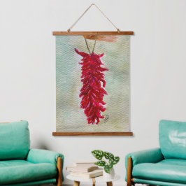 Tapiz Con Marco De Madera Watercolor Rojo Chile Ristra Nuevo México