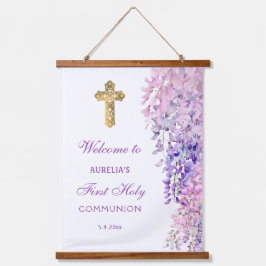 Tapiz Con Marco De Madera Watercolor Wisteria First Communion Welcome