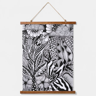 Tapiz Con Marco De Madera What’s Next? – Black and White Surreal Hand-Drawn 