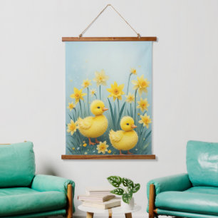 Tapiz Con Marco De Madera Whimsical Duckling Duo con Daffodis