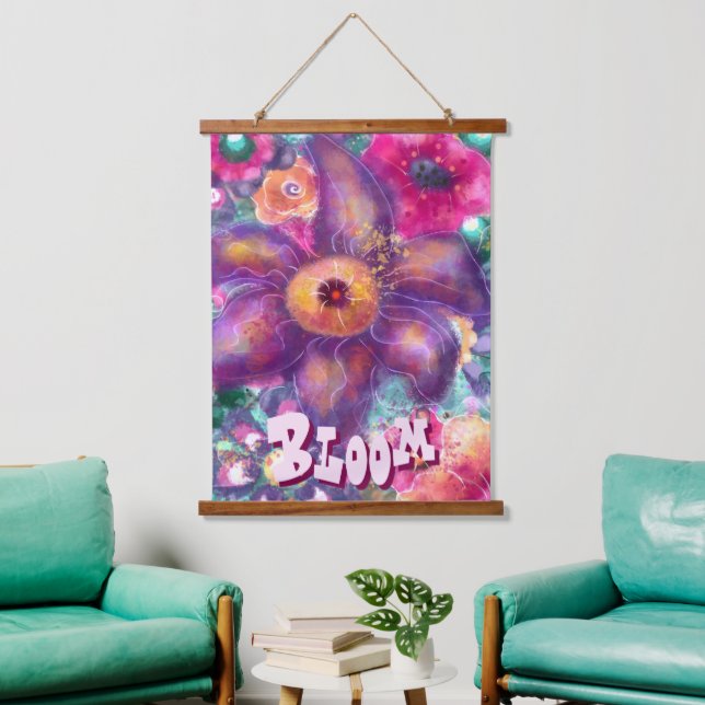 Tapiz Con Marco De Madera Whimsical Floral Abstract Art Teal Personalized (Sala de estar)