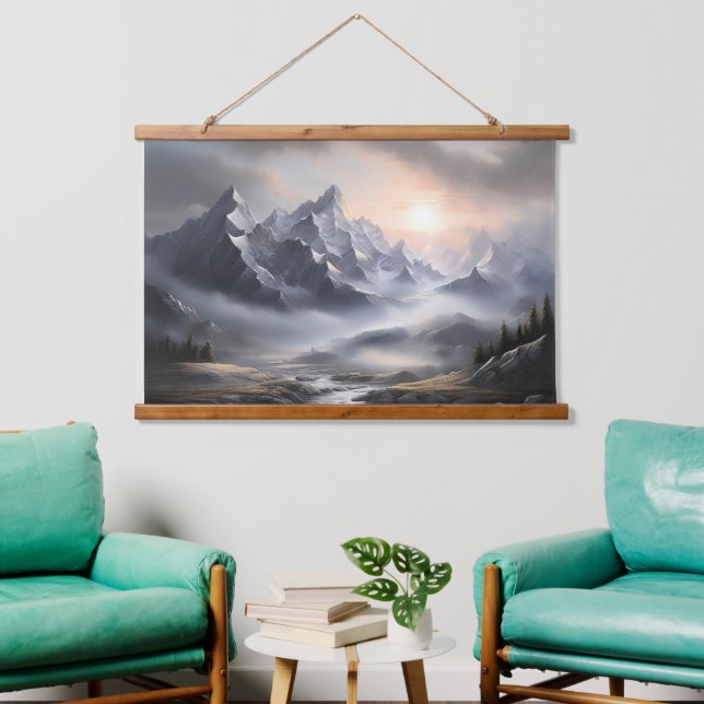 Tapiz Con Marco De Madera Whimsical Misty Mountain Landscape (Sala de estar)