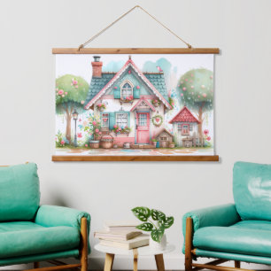 Tapiz Con Marco De Madera Whimsical Pastel Hada Tale Cottage Art