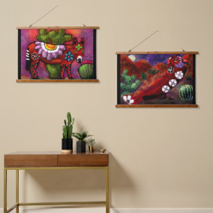 Tapiz Con Marco De Madera Whimsical Southwest Donkey & Bird Red Green