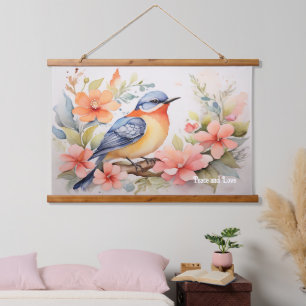Tapiz Con Marco De Madera Whimsical Watercolor Bird Arte Floral