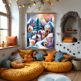 Tapiz Con Marco De Madera Whimsical Winter Village Ilustracion