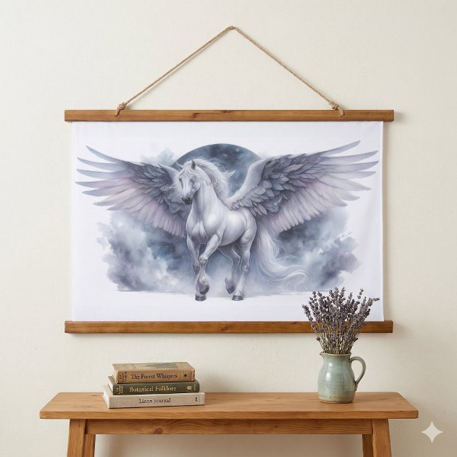 Tapiz Con Marco De Madera White Pegasus Moonlit Wings Celestial Dream (White Pegasus Moonlit Wings Celestial Dream Hanging Tapestry)