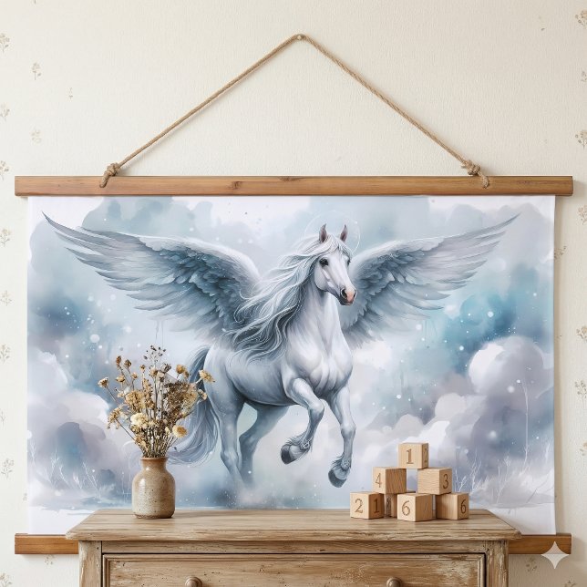 Tapiz Con Marco De Madera White Pegasus Wings Soft Blue Sky Dreamscape (White Pegasus Wings Soft Blue Sky Dreamscape Hanging Tapestry In Entry)