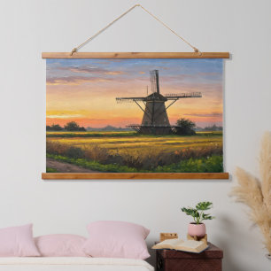 Tapiz Con Marco De Madera Windmill In The Countryside