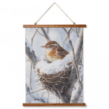 Winter Snow Bird Wren in Tree Nest Nature Art