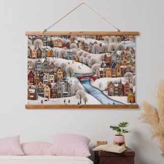Tapiz Con Marco De Madera Winter Village Scene Cozy Snowy Town 