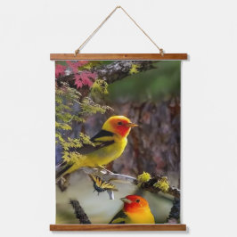 Tapiz Con Marco De Madera Wood Topped Wall Tapestry Golden Songbirds and Red