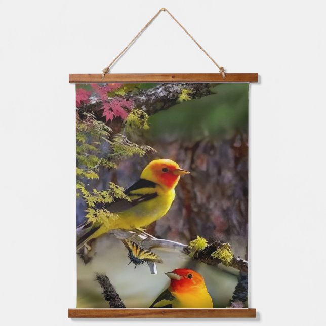 Tapiz Con Marco De Madera Wood Topped Wall Tapestry Golden Songbirds and Red (Anverso)