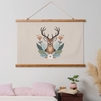 Tapiz Con Marco De Madera Woodland Harmony – Boho Deer Botanical Illustratio