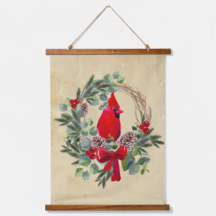 Tapiz Con Marco De Madera Wreath, Cardenal de color agua, Navidades de pájar