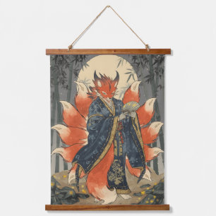 Tapiz Con Marco De Madera Zorro Kitsune de Nueve Colas   Arte de Mitología J