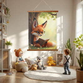 Tapiz Con Marco De Madera Zorro lindo leyendo un libro, habitación de niños