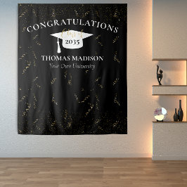 Tapiz Confeti de Oro Falso de Graduación Moderna Negro/B