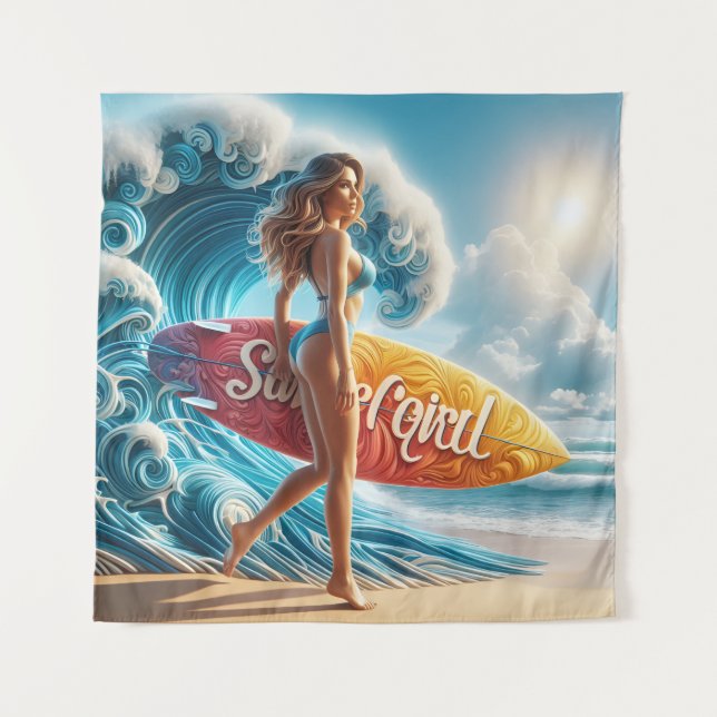 Tapiz Confident Surfer Girl Walking Beach Waves Art (Anverso)