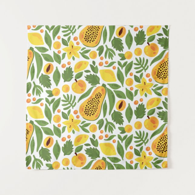 Tapiz Conjunto de frutas exóticas: Papaya, limón, mango (Anverso)
