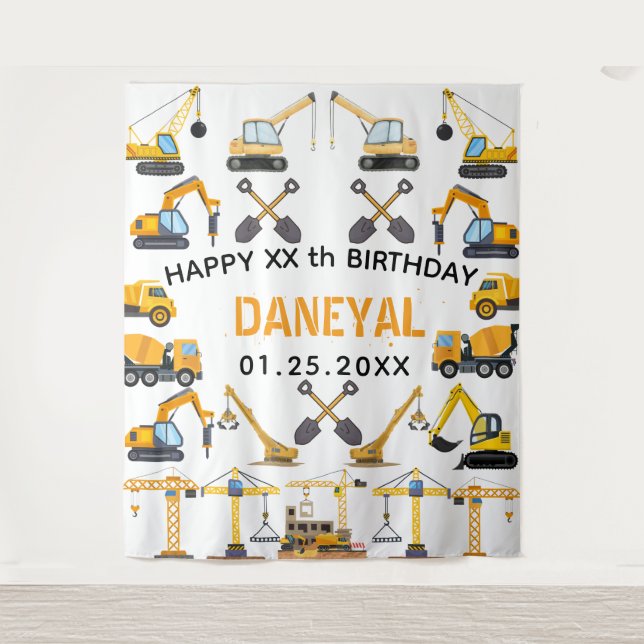 Tapiz Construcción Moderna Cumpleaños Simple de Niño (Anverso)