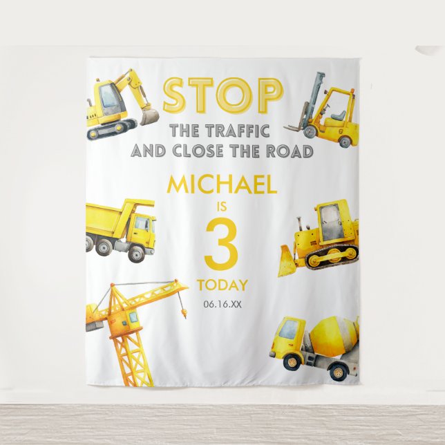 Tapiz Construction Trucks Birthday Photo backdrop (Anverso)