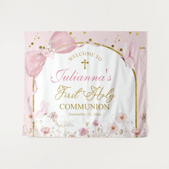 Tapiz Coquette Blush Pink Butterfly First Holy Communion (Anverso (horizontal))