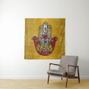 Tapiz Corazón de Granada Rojo de Pájaro Hamsa Rubí