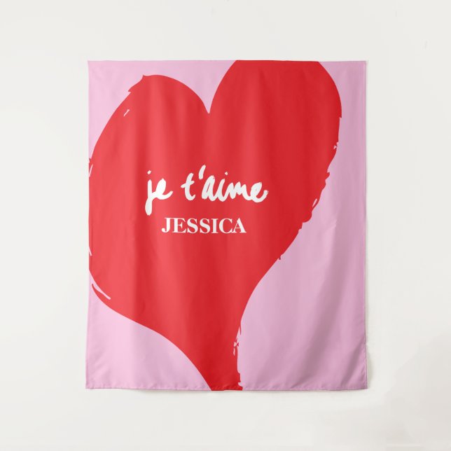 Tapiz Corazón rojo con je t’aime-text sobre fondo rosado (Anverso)