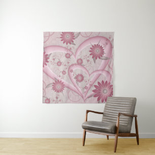 Tapiz Corazones y flores abstractos rosados Arte fractal