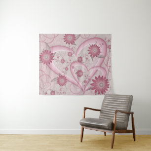 Tapiz Corazones y flores abstractos rosados Arte fractal