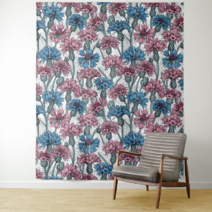 Tapiz Cornflores rosas y azules, flores silvestres en bl