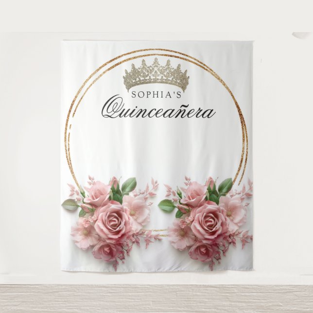 Tapiz Corona de cumpleaños Quinceañera Rosa Rosa (Anverso)