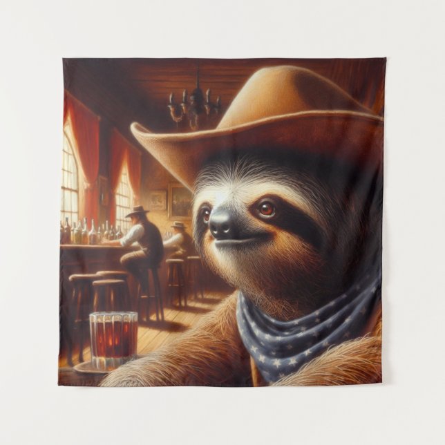Tapiz Cowboy Sloth en Saloon (Anverso)