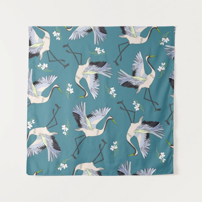 Tapiz crane, pattern, illustration flying bird flower (Anverso)