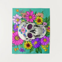 cráneo colorido con flores Tapestry