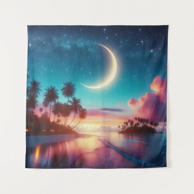 Tapiz Crescent Moon Tropical Beach Art (Anverso)